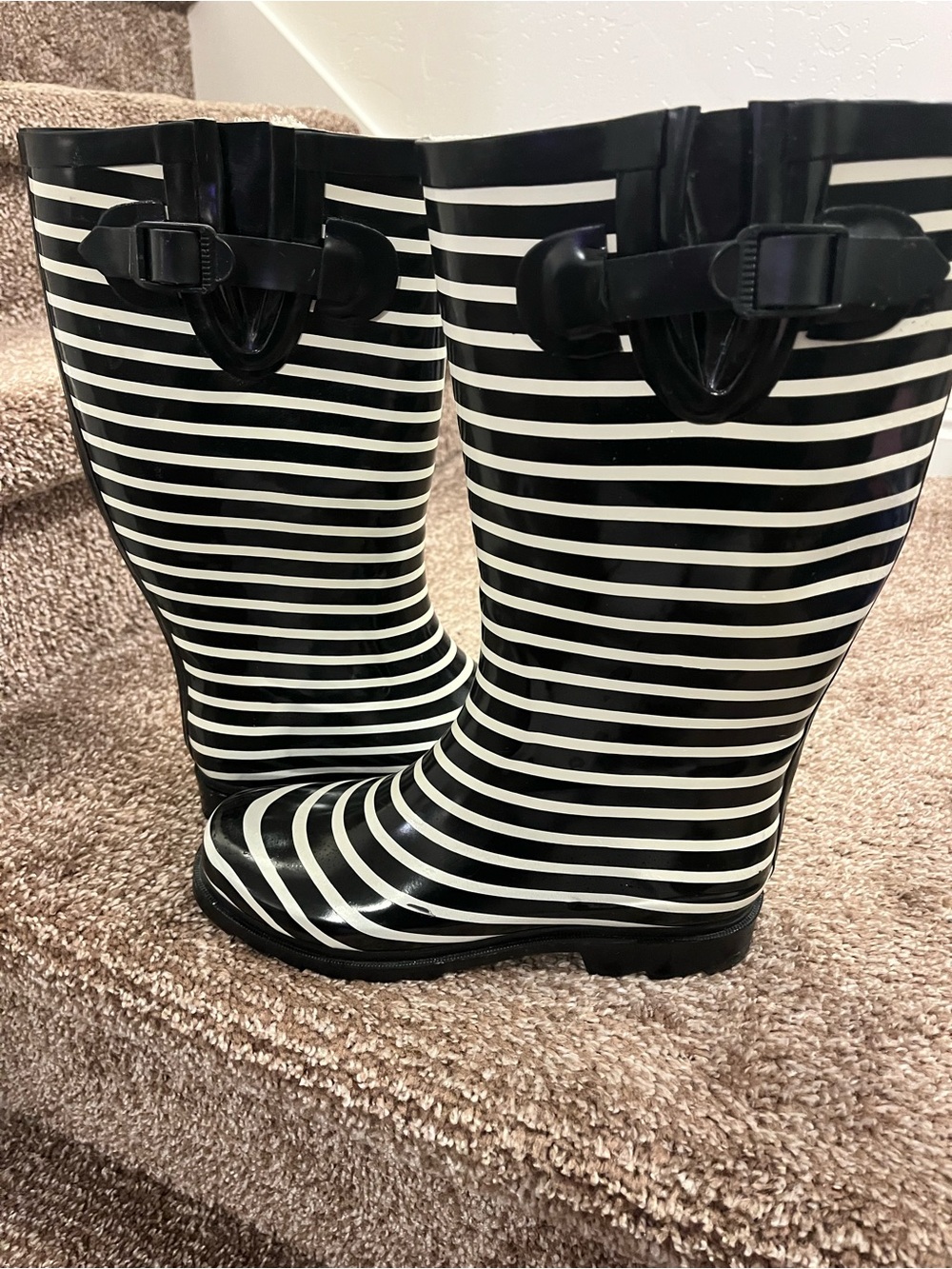 Target Black and White Striped Women's Rain Boots with Side Buckle